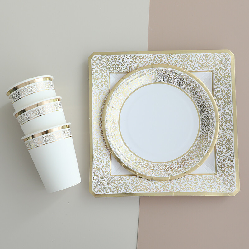 Zelta mežģīņu vienreizlietojamie trauki papīra krūzes dzimšanas dienas svinību dekorācijas kāzu dekorācijas bērnu vannas piederumi