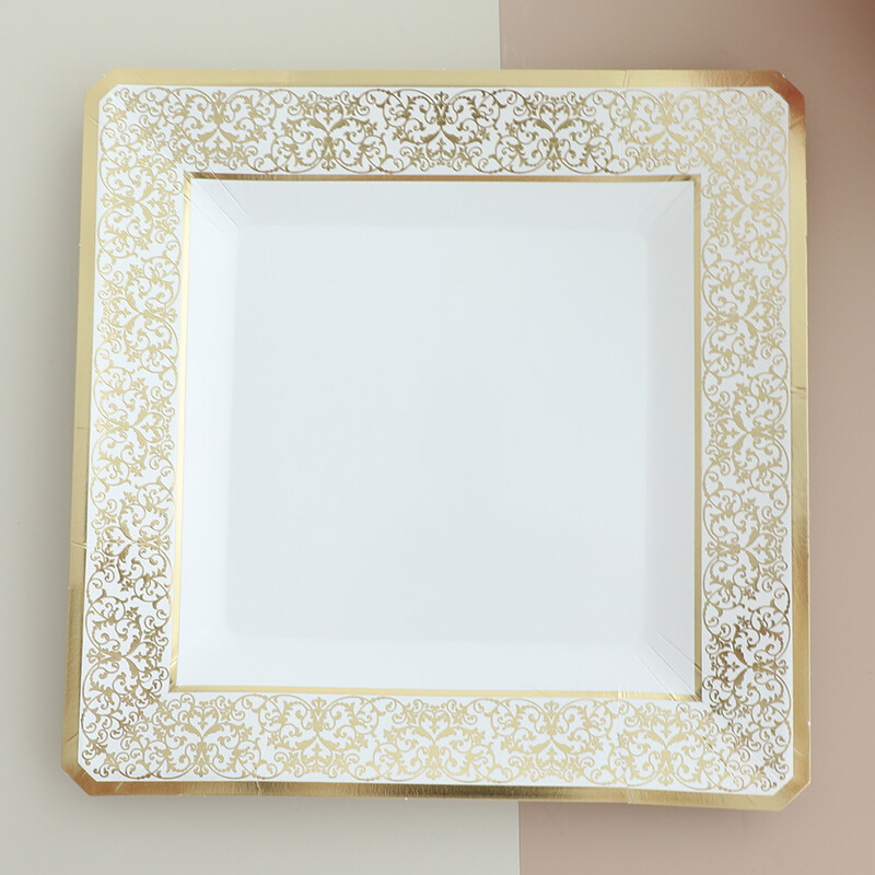 Zelta mežģīņu vienreizlietojamie trauki papīra krūzes dzimšanas dienas svinību dekorācijas kāzu dekorācijas bērnu vannas piederumi