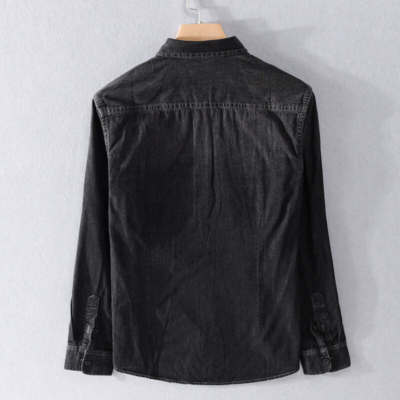 Μαύρο πλυμένο τζιν πουκάμισο Ανδρικά ρούχα βαμβακερά casual ρούχα Ρετρό τζιν μπλούζες με μακρυμάνικο φορτίο Loose oversize μόδα