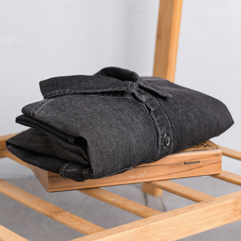 Μαύρο πλυμένο τζιν πουκάμισο Ανδρικά ρούχα βαμβακερά casual ρούχα Ρετρό τζιν μπλούζες με μακρυμάνικο φορτίο Loose oversize μόδα