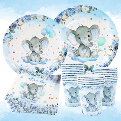 Baby Shower Decorations Baby Shower Paber Sinine Elevandi Taldrikud Tassid Salvrätikud Poistele Tüdrukutele Sünnipäevad Sugu Näitab peo teeneid