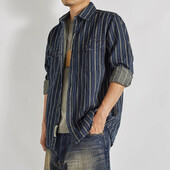 Vintage τζιν πουκάμισο με κάθετη ρίγα με βαρύ χακί Aimi cargo wash για να φτιάξεις παλιό πουκάμισο ανδρικό παλτό