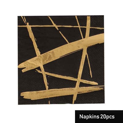 Μαύρη σειρά Gold Blocking Επιτραπέζια σκεύη μιας χρήσης Χάρτινα πιάτα Χαρτοπετσέτες Φλιτζάνια Καλαμάκια για πάρτι γενεθλίων Διακόσμηση Πρωτοχρονιάς γάμου