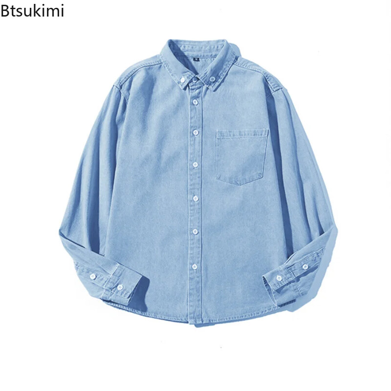 Cămăși coreene de primăvară și toamnă 2024 pentru bărbați Cămăși din denim spălat din bumbac cu un singur piept Haine cu mânecă lungă Cămăși de top pentru bărbați