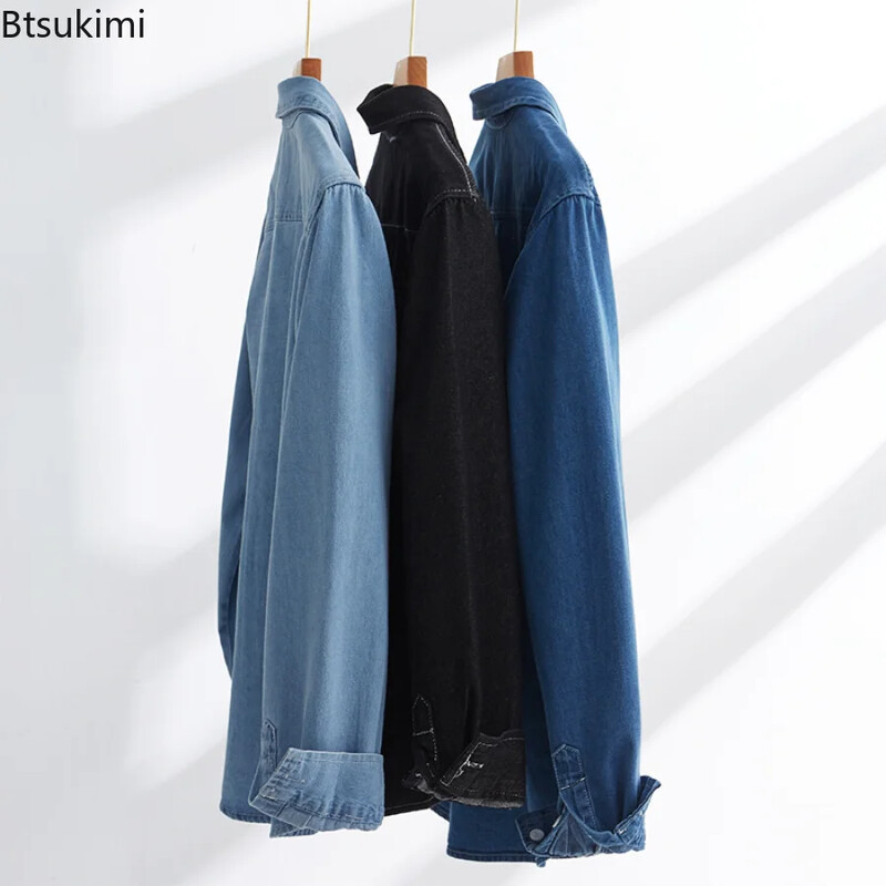 Cămăși coreene de primăvară și toamnă 2024 pentru bărbați Cămăși din denim spălat din bumbac cu un singur piept Haine cu mânecă lungă Cămăși de top pentru bărbați