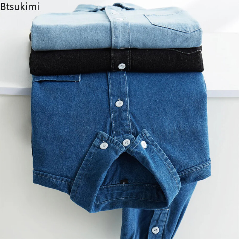 Cămăși coreene de primăvară și toamnă 2024 pentru bărbați Cămăși din denim spălat din bumbac cu un singur piept Haine cu mânecă lungă Cămăși de top pentru bărbați