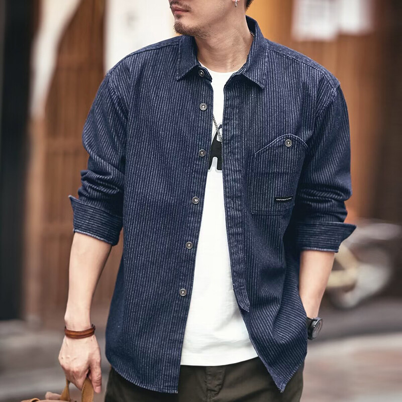 Vintage džinsa krekls Vīriešu svītrainām kabatām rotā topi ar garām piedurknēm pavasara ikdienas vienrindas jaciņa mētelis Homme kravas krekli