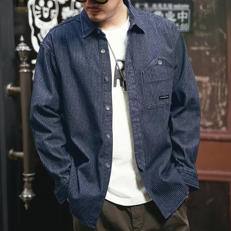 Vintage džinsa krekls Vīriešu svītrainām kabatām rotā topi ar garām piedurknēm pavasara ikdienas vienrindas jaciņa mētelis Homme kravas krekli