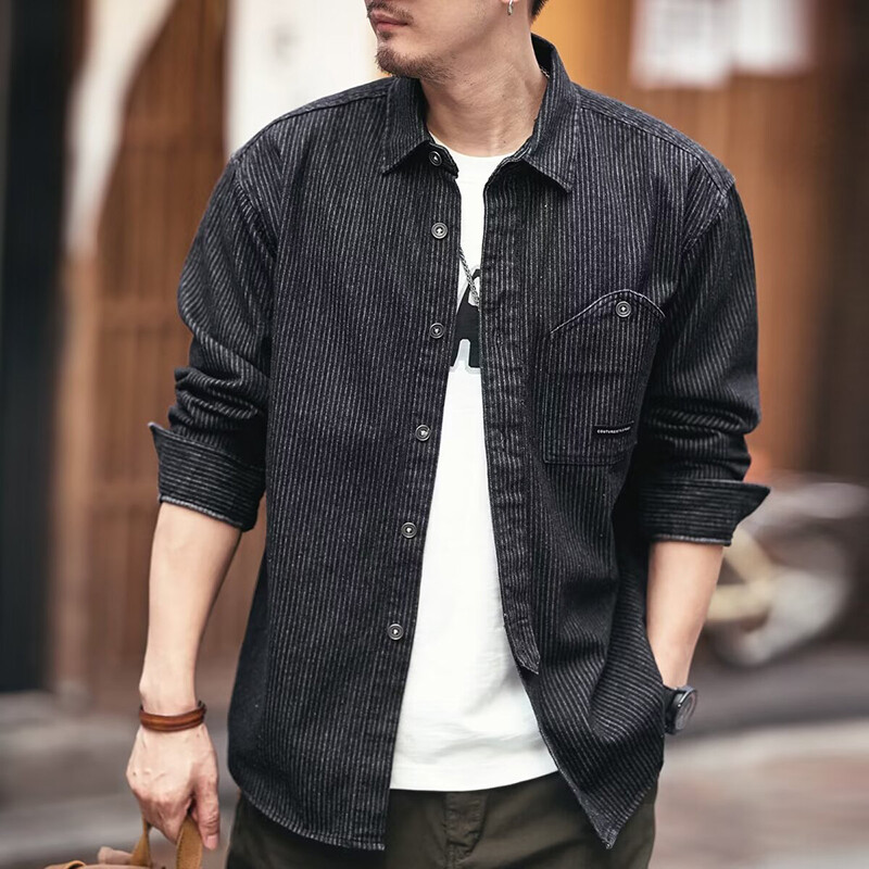 Vintage džinsa krekls Vīriešu svītrainām kabatām rotā topi ar garām piedurknēm pavasara ikdienas vienrindas jaciņa mētelis Homme kravas krekli