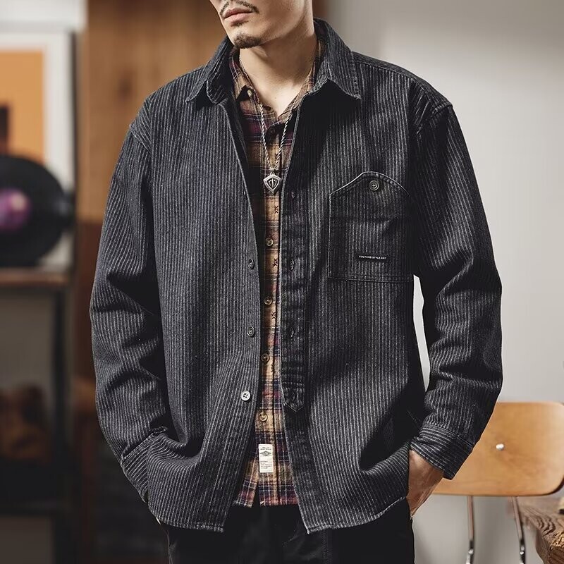 Vintage džinsa krekls Vīriešu svītrainām kabatām rotā topi ar garām piedurknēm pavasara ikdienas vienrindas jaciņa mētelis Homme kravas krekli