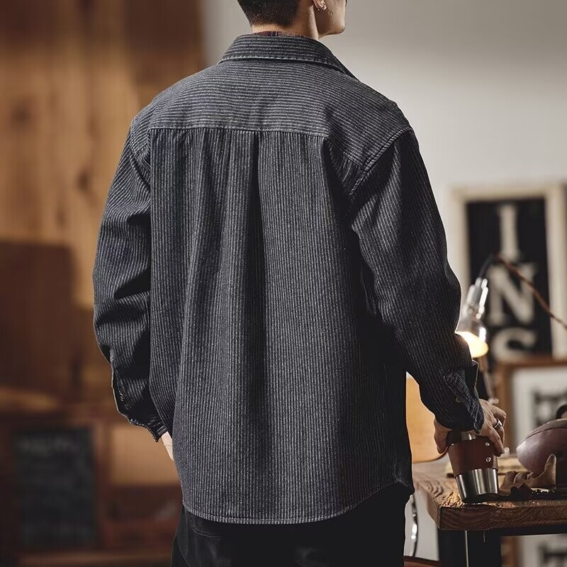 Vintage džinsa krekls Vīriešu svītrainām kabatām rotā topi ar garām piedurknēm pavasara ikdienas vienrindas jaciņa mētelis Homme kravas krekli