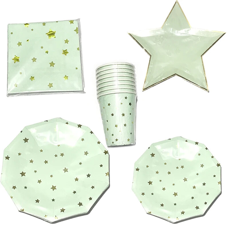 Arany Fólia Csillag Esküvői Party kellékek Evőkészletek Világos menta zöld papír tányér csészék Szalvéták babazuhanyozáshoz keresztelő dekoráció