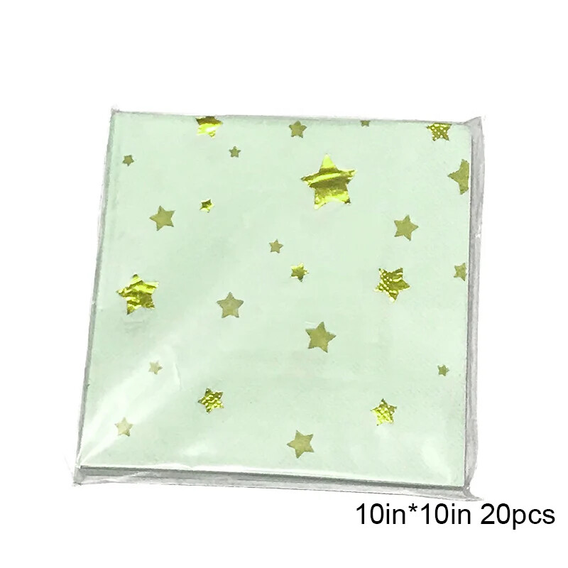 Arany Fólia Csillag Esküvői Party kellékek Evőkészletek Világos menta zöld papír tányér csészék Szalvéták babazuhanyozáshoz keresztelő dekoráció