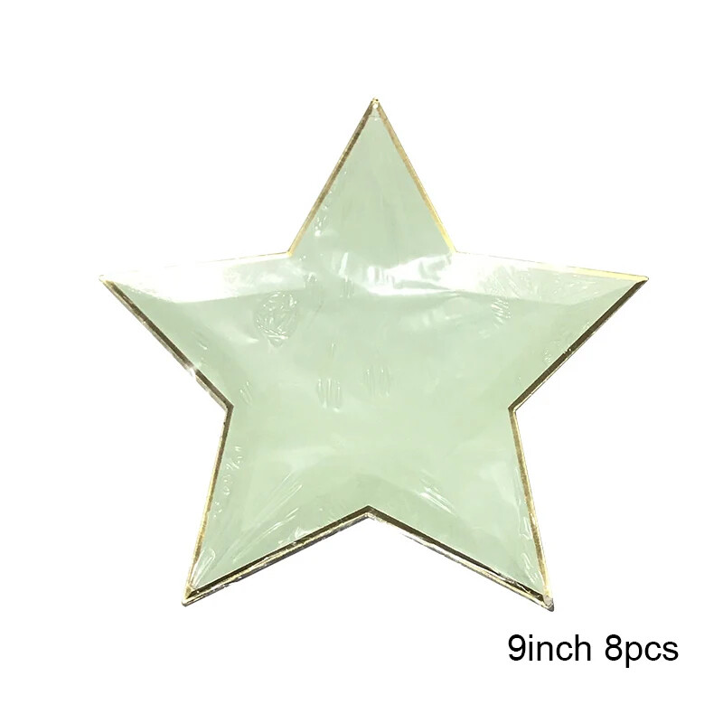Arany Fólia Csillag Esküvői Party kellékek Evőkészletek Világos menta zöld papír tányér csészék Szalvéták babazuhanyozáshoz keresztelő dekoráció