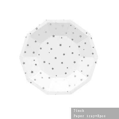 Επιτραπέζια σκεύη για πάρτι Silver Stars Χάρτινα πιάτα μιας χρήσης Φλιτζάνια Χαρτοπετσέτα Δείπνου Καλαμάκια Ξύλινο κουτάλι/Μαχαίρι/Πιρούνι με μπαλόνι Chrome Star