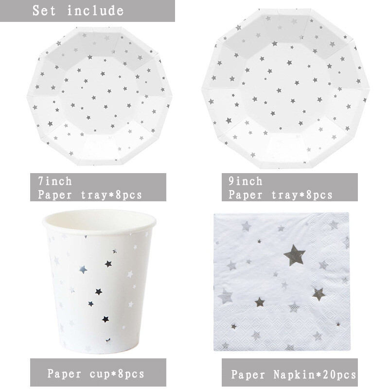 Επιτραπέζια σκεύη για πάρτι Silver Stars Χάρτινα πιάτα μιας χρήσης Φλιτζάνια Χαρτοπετσέτα Δείπνου Καλαμάκια Ξύλινο κουτάλι/Μαχαίρι/Πιρούνι με μπαλόνι Chrome Star