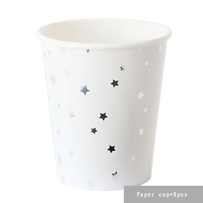 Επιτραπέζια σκεύη για πάρτι Silver Stars Χάρτινα πιάτα μιας χρήσης Φλιτζάνια Χαρτοπετσέτα Δείπνου Καλαμάκια Ξύλινο κουτάλι/Μαχαίρι/Πιρούνι με μπαλόνι Chrome Star