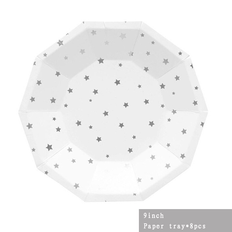 Επιτραπέζια σκεύη για πάρτι Silver Stars Χάρτινα πιάτα μιας χρήσης Φλιτζάνια Χαρτοπετσέτα Δείπνου Καλαμάκια Ξύλινο κουτάλι/Μαχαίρι/Πιρούνι με μπαλόνι Chrome Star