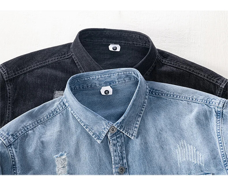 Ανοιξιάτικο φθινόπωρο μακρυμάνικο τζιν πουκάμισο Ανδρικά ρούχα Streetwear Μόδα σκισμένο τζιν πουκάμισο διπλή τσέπη φαρδιά πουκάμισα Ιαπωνικά Vintage ρούχα