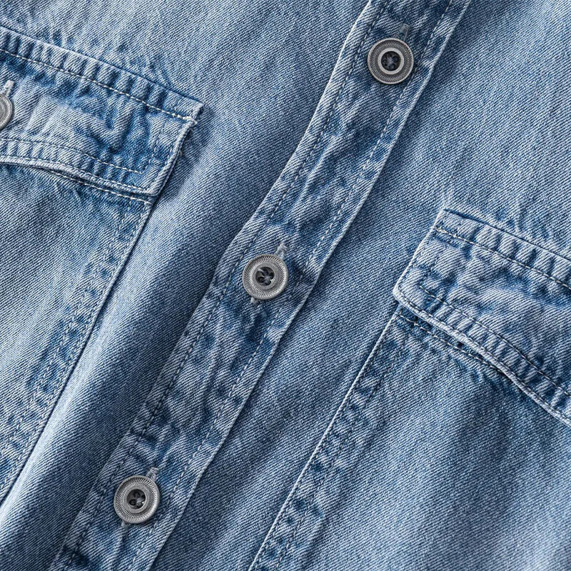 Ανοιξιάτικο φθινόπωρο μακρυμάνικο τζιν πουκάμισο Ανδρικά ρούχα Streetwear Μόδα σκισμένο τζιν πουκάμισο διπλή τσέπη φαρδιά πουκάμισα Ιαπωνικά Vintage ρούχα