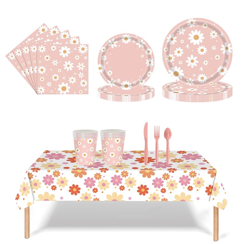 24 τμχ 7/9 ιντσών ροζ θέμα μαργαρίτας Επιτραπέζιο σκεύος μιας χρήσης Πιάτο λουλουδιών Καλαμάκια από χαρτοπετσέτα Πανό για πάρτι γενεθλίων Baby shower διακόσμηση γάμου
