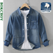 Toamna 2024, noua culoare solida, camasi casual din denim cargo pentru barbati imbracaminte casual cu maneca lunga, buzunare mari, camasi moi pentru barbati CM7372