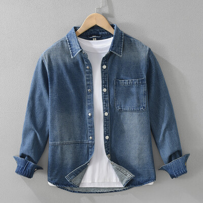 Toamna 2024, noua culoare solida, camasi casual din denim cargo pentru barbati imbracaminte casual cu maneca lunga, buzunare mari, camasi moi pentru barbati CM7372