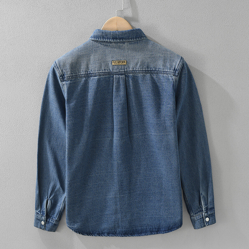 Toamna 2024, noua culoare solida, camasi casual din denim cargo pentru barbati imbracaminte casual cu maneca lunga, buzunare mari, camasi moi pentru barbati CM7372