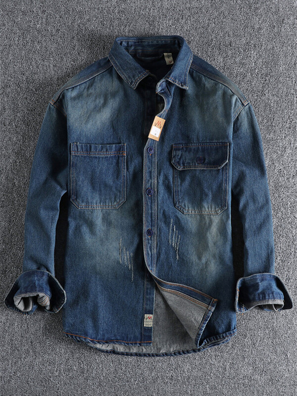 Φθινοπωρινό αμερικανικό ρετρό βαρύ τζιν πουκάμισο Cargo Ανδρική μόδα από καθαρό βαμβακερό λουσμένο παλιό μακρυμάνικο με διπλή τσέπη casual μπλουζάκια