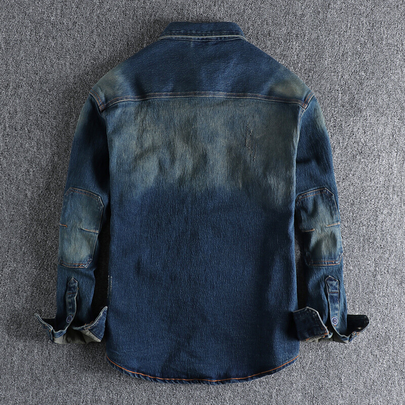 Φθινοπωρινό αμερικανικό ρετρό βαρύ τζιν πουκάμισο Cargo Ανδρική μόδα από καθαρό βαμβακερό λουσμένο παλιό μακρυμάνικο με διπλή τσέπη casual μπλουζάκια