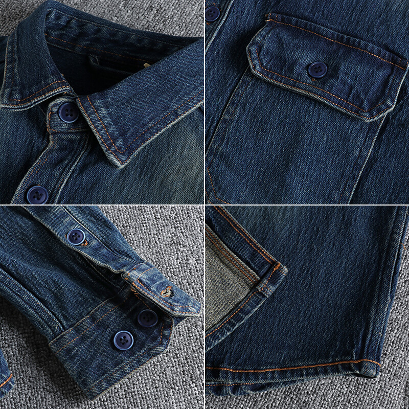 Φθινοπωρινό αμερικανικό ρετρό βαρύ τζιν πουκάμισο Cargo Ανδρική μόδα από καθαρό βαμβακερό λουσμένο παλιό μακρυμάνικο με διπλή τσέπη casual μπλουζάκια
