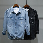 L860 Japán Vintage Distressed férfi hosszú ujjú alkalmi ing Hong Kong stílusú farmer dzseki férfiaknak Divatos felsőruházat