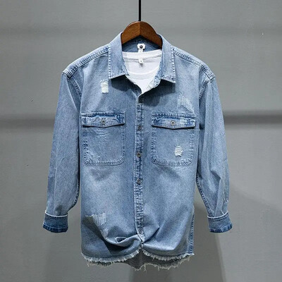 L860 Japán Vintage Distressed férfi hosszú ujjú alkalmi ing Hong Kong stílusú farmer dzseki férfiaknak Divatos felsőruházat