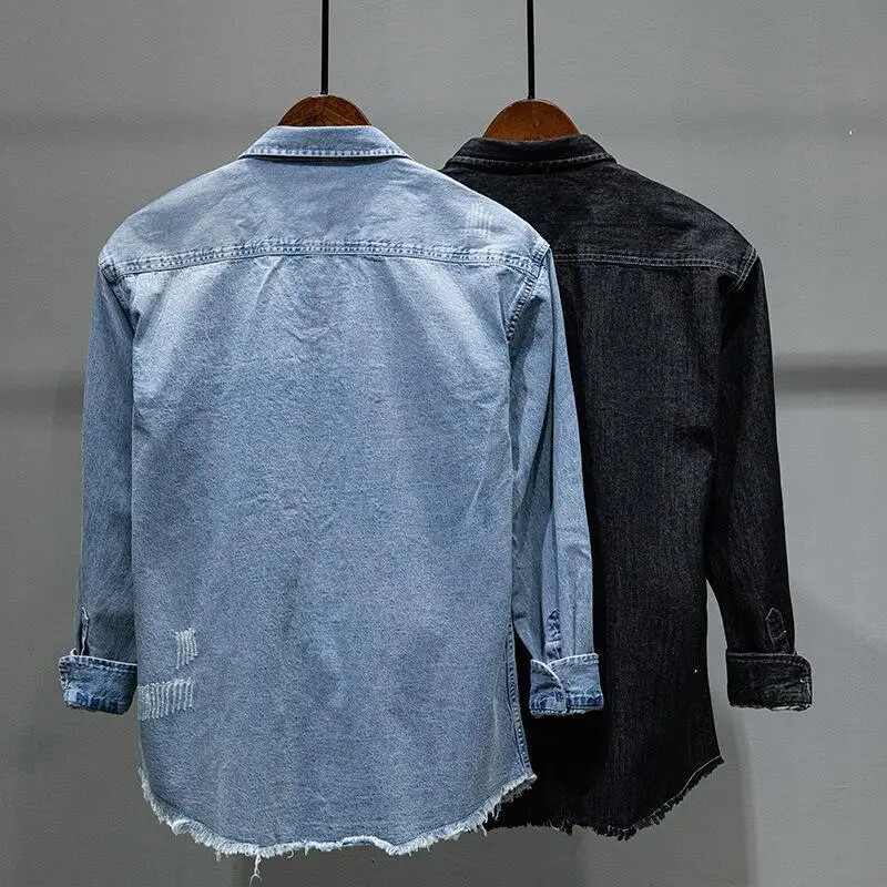 L860 Japán Vintage Distressed férfi hosszú ujjú alkalmi ing Hong Kong stílusú farmer dzseki férfiaknak Divatos felsőruházat