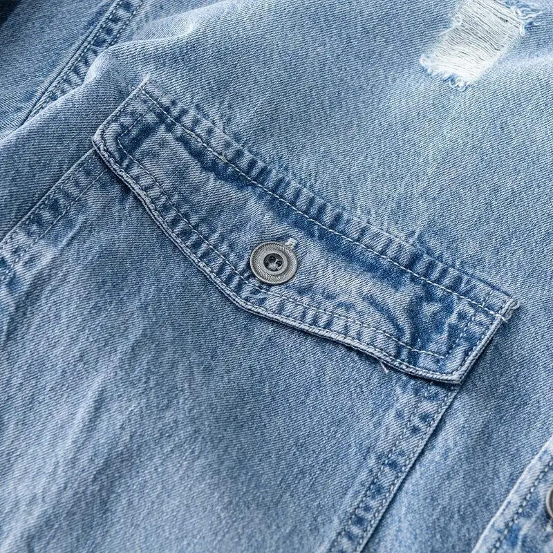 L860 Japán Vintage Distressed férfi hosszú ujjú alkalmi ing Hong Kong stílusú farmer dzseki férfiaknak Divatos felsőruházat