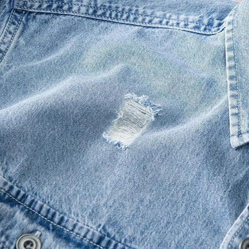 L860 Japán Vintage Distressed férfi hosszú ujjú alkalmi ing Hong Kong stílusú farmer dzseki férfiaknak Divatos felsőruházat