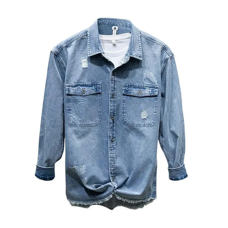 L860 Japán Vintage Distressed férfi hosszú ujjú alkalmi ing Hong Kong stílusú farmer dzseki férfiaknak Divatos felsőruházat