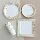 Zelta mežģīņu komplekts galda piederumi vienreizējās lietošanas papīra šķīvji krūzes salvetes dzimšanas dienas dzimumi atklāti kāzu pasākumi ballīšu dekorācijas