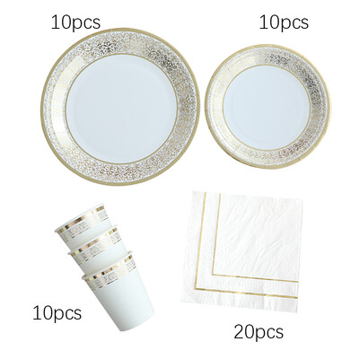 Zelta mežģīņu komplekts galda piederumi vienreizējās lietošanas papīra šķīvji krūzes salvetes dzimšanas dienas dzimumi atklāti kāzu pasākumi ballīšu dekorācijas