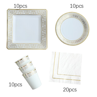 Zelta mežģīņu komplekts galda piederumi vienreizējās lietošanas papīra šķīvji krūzes salvetes dzimšanas dienas dzimumi atklāti kāzu pasākumi ballīšu dekorācijas