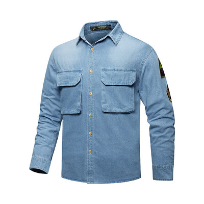 Férfi ingek Tavaszi őszi divat Redős varrás farmer ingek Férfi Alkalmi mosott motoros Jean ing Kabát Férfi