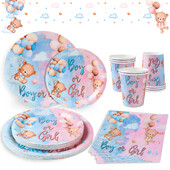 Το φύλο αρκουδάκι αποκαλύπτει σετ σερβίτσιων μιας χρήσης για ντους μωρών Ροζ μπλε πετσέτα για αγόρι ή κορίτσι Προμήθειες για πάρτι για πολλά γενέθλια