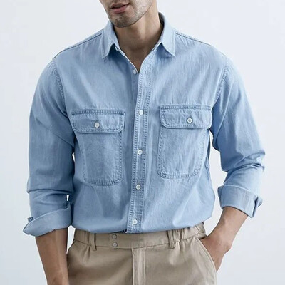 Ανδρικό πουκάμισο Y2k χωρίς σιδέρωμα με τζιν μακρυμάνικο πουκάμισο φθινοπωρινό Νέα μόδα Casual που απομακρύνει την υγρασία που αναπνέει