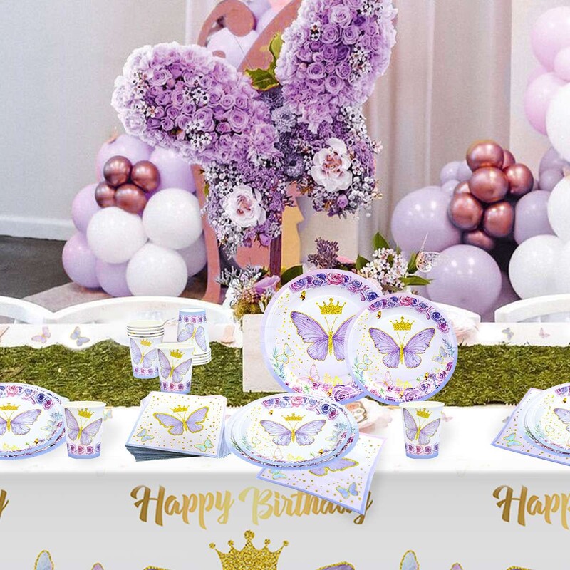 Lila pillangós eldobható étkészlet dekoratív pillangós születésnapi parti dekoráció lányoknak babazuhany Ajándék pillangók dekoráció