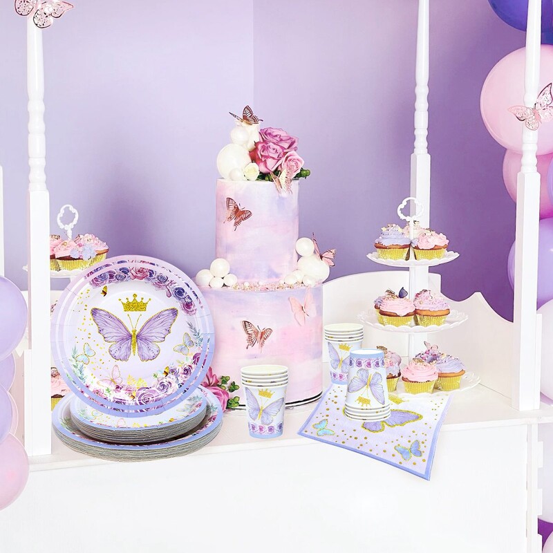 Lila pillangós eldobható étkészlet dekoratív pillangós születésnapi parti dekoráció lányoknak babazuhany Ajándék pillangók dekoráció