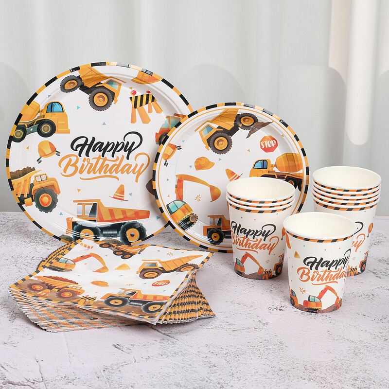 Είδη για πάρτι γενεθλίων κατασκευών Μεταφορικά πάρτι Επιτραπέζια χάρτινα πιάτα Κύπελλα χαρτοπετσέτες για διακοσμητικά πάρτι με θέμα φορτηγό