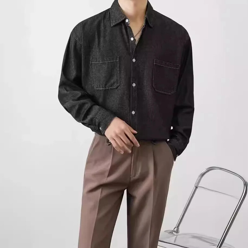 2024-es farmer hosszú ujjú ing férfi őszi divatos, egyszerű stílusos hongkongi stílusú, laza szabású, alkalmi ifjúsági kabát