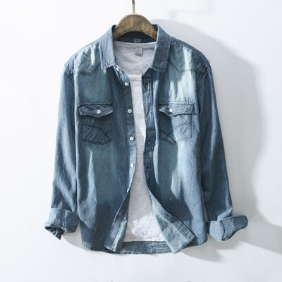 Luksusa Dizains Vīriešu Pavasara Rudens Svītraini Džinsu Krekli Karsti Pārdod Slim Fitted Džinsi Apģērbi Asian Size Plus Size Cowboy Drēbes