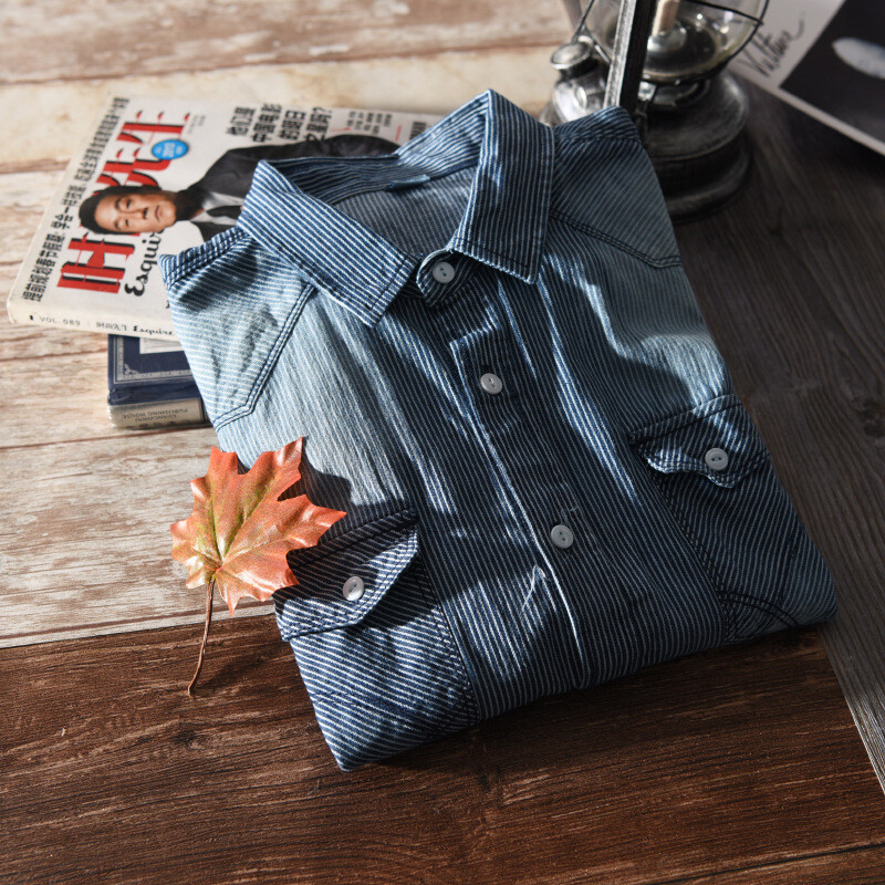 Luksusa Dizains Vīriešu Pavasara Rudens Svītraini Džinsu Krekli Karsti Pārdod Slim Fitted Džinsi Apģērbi Asian Size Plus Size Cowboy Drēbes