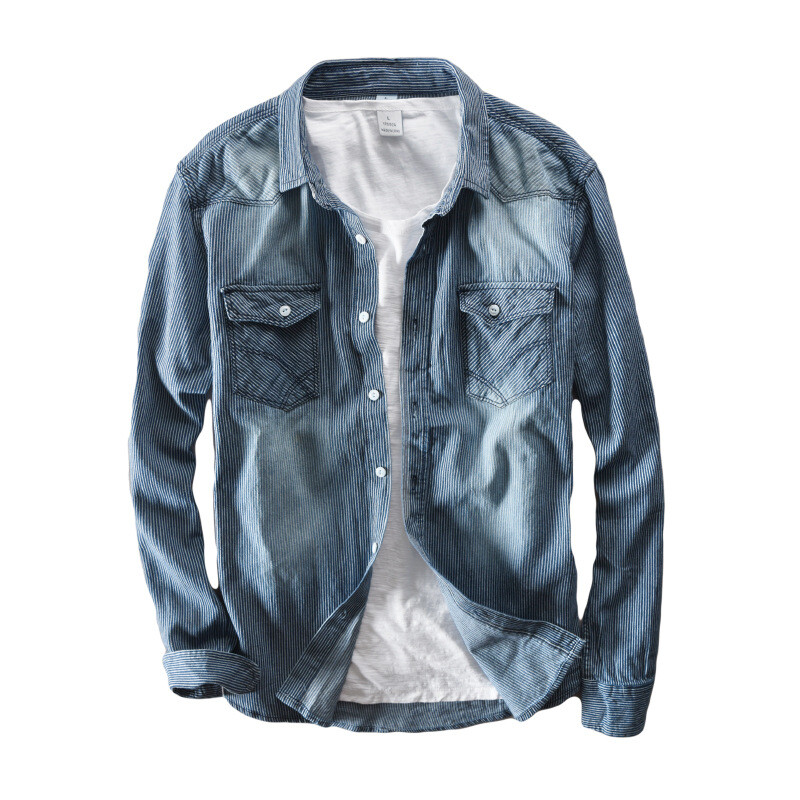 Luksusa Dizains Vīriešu Pavasara Rudens Svītraini Džinsu Krekli Karsti Pārdod Slim Fitted Džinsi Apģērbi Asian Size Plus Size Cowboy Drēbes